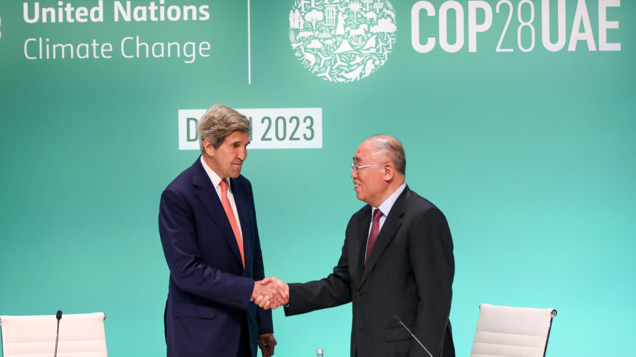 John Kerry, U.S. Special Presidential Envoy for Climate, and his Chinese counterpart Xie Zhenhua give a joint news conference on day thirteen of the UNFCCC COP28 Climate Conference on December 13, 2023 in Dubai, United Arab Emirates. The conference has gone into an extra day as delegations continue to negotiate over the wording of the final agreement. The COP28, which was originally scheduled to run from November 30 through December 12, has brought together stakeholders, including international heads of state and other leaders, scientists, environmentalists, indigenous peoples representatives, activists and others to discuss and agree on the implementation of global measures towards mitigating the effects of climate change.